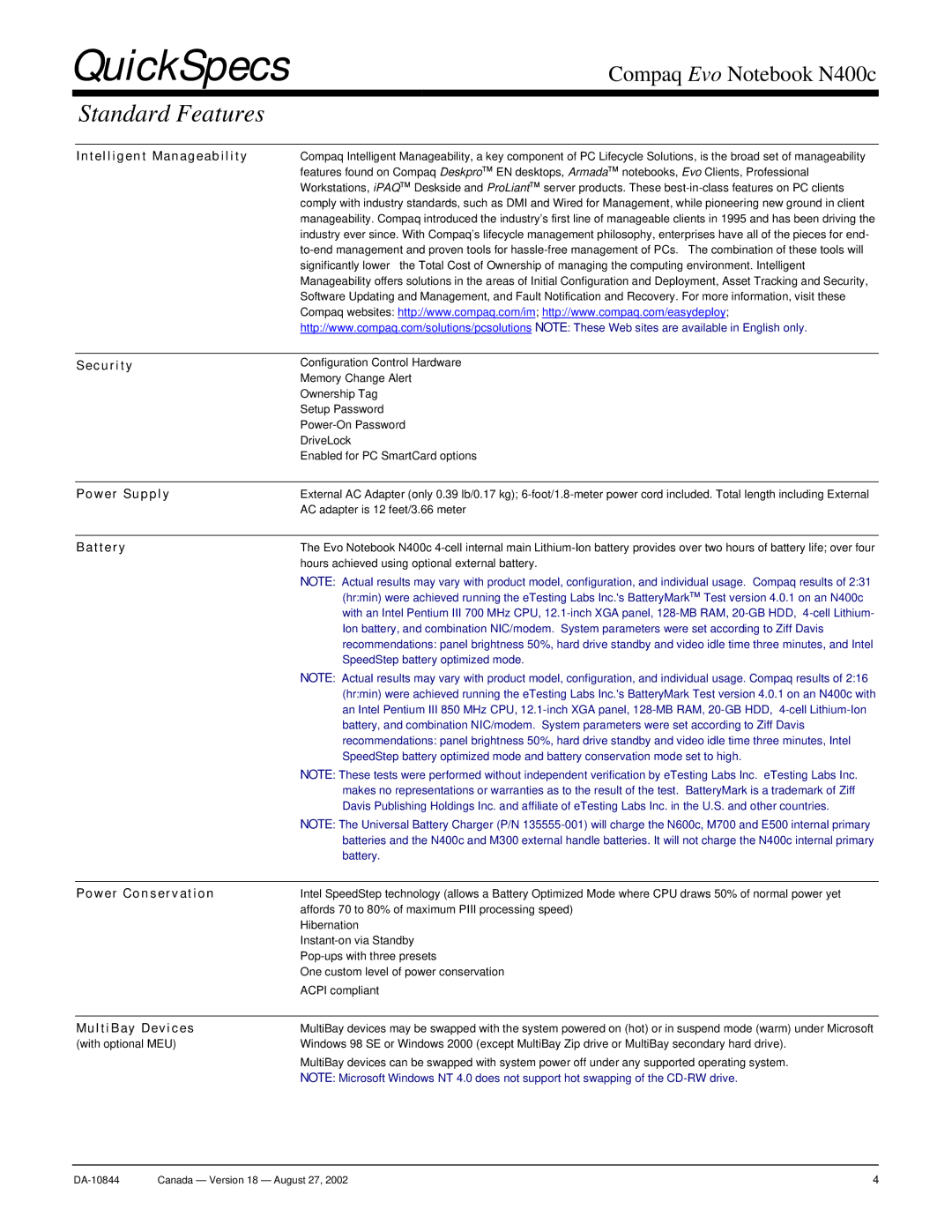 Compaq N400c Intel ligen t Manag eab ili ty, Secu ri ty, Power Suppl y, Battery, Power Con servation, MultiBay Devices 