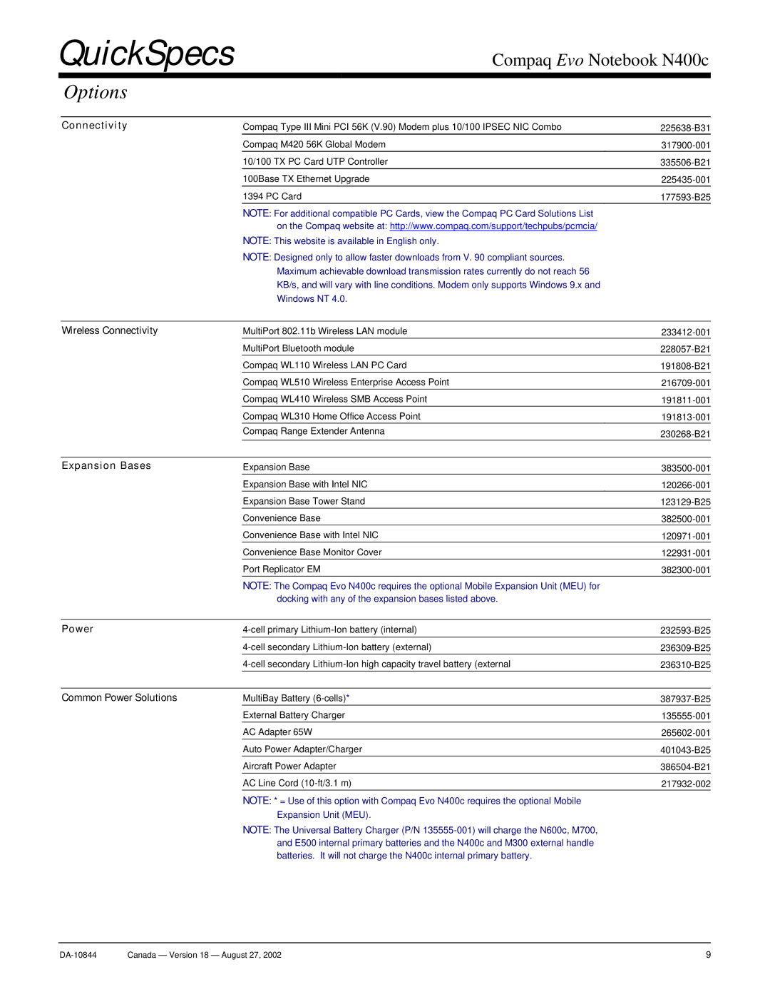 Compaq N400c warranty Wireless Connectivity, Expansion Bases, Common Power Solutions 