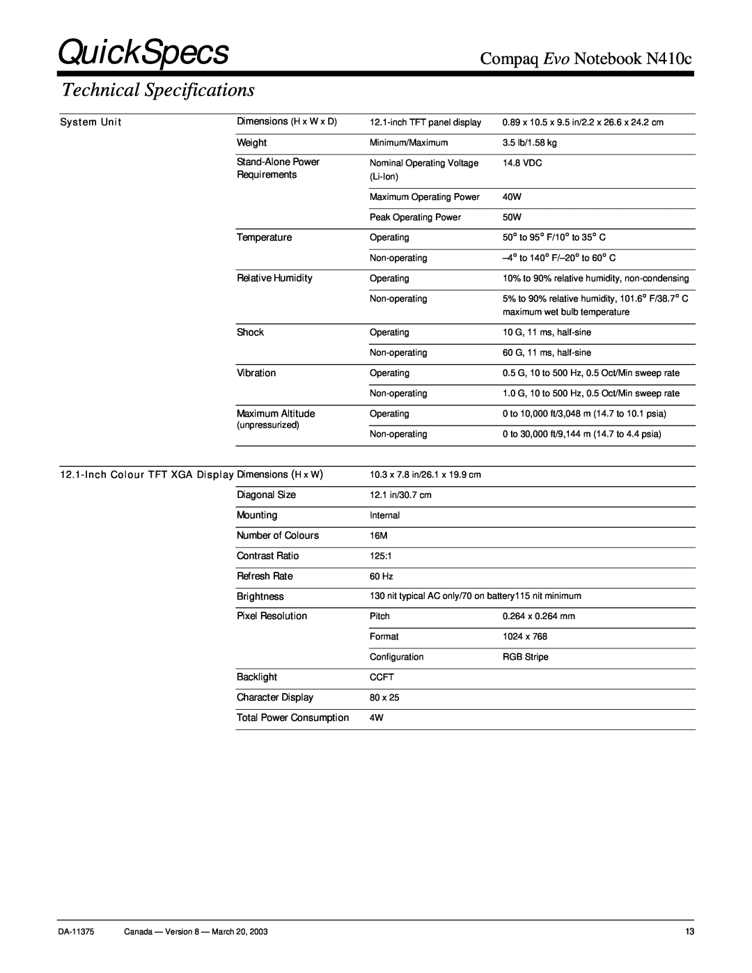 Compaq warranty Technical Specifications, QuickSpecs, Compaq Evo Notebook N410c 