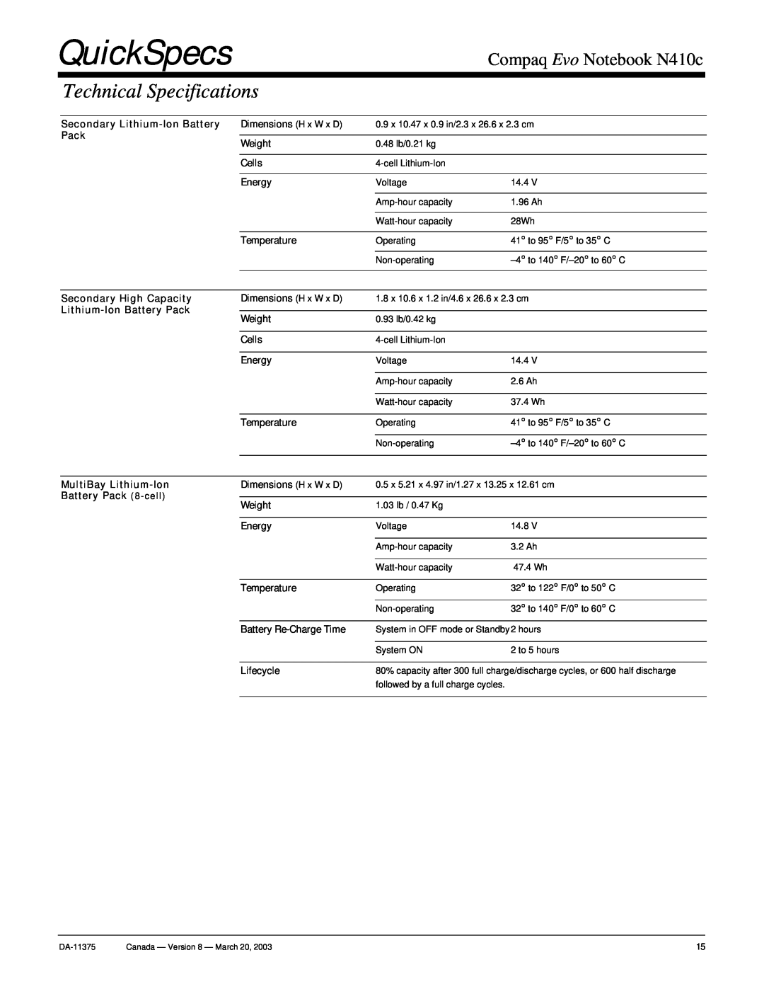 Compaq warranty QuickSpecs, Technical Specifications, Compaq Evo Notebook N410c 