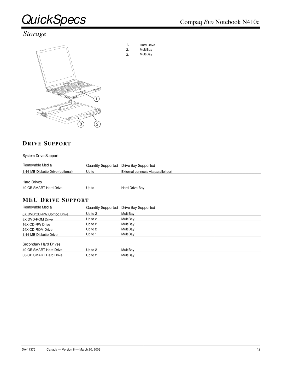 Compaq N410c warranty Storage, Removable Media Quantity Supported Drive Bay Supported, Secondary Hard Drives 