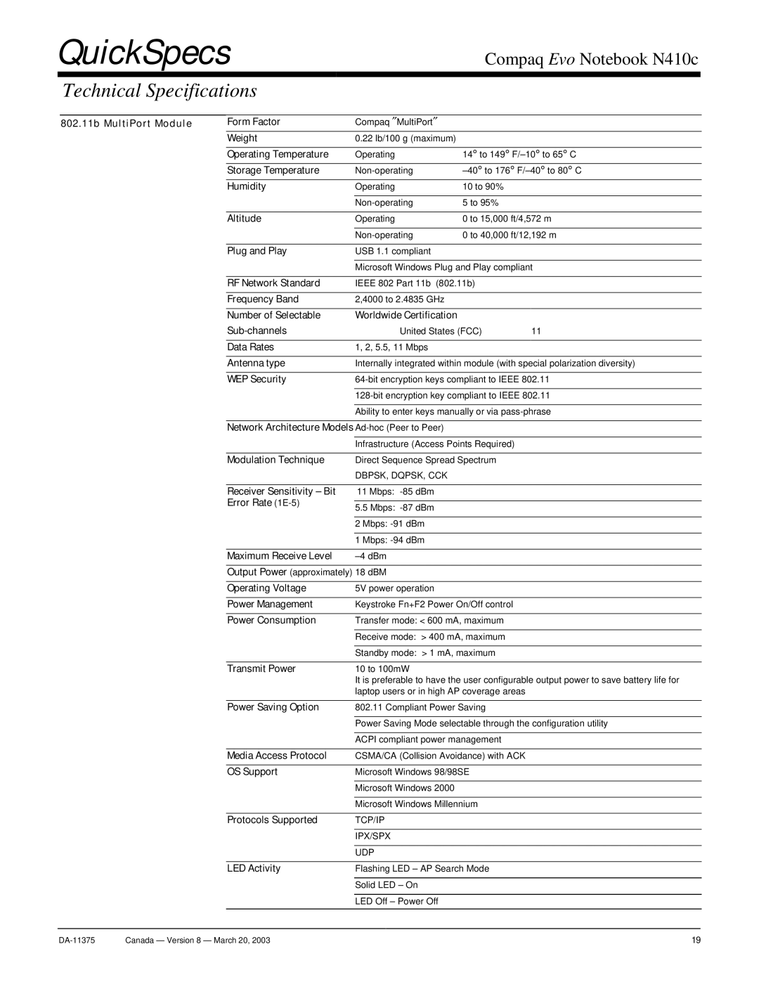 Compaq N410c 802.11b MultiPort Module Form Factor, Storage Temperature, Humidity, Altitude, Plug and Play, Frequency Band 