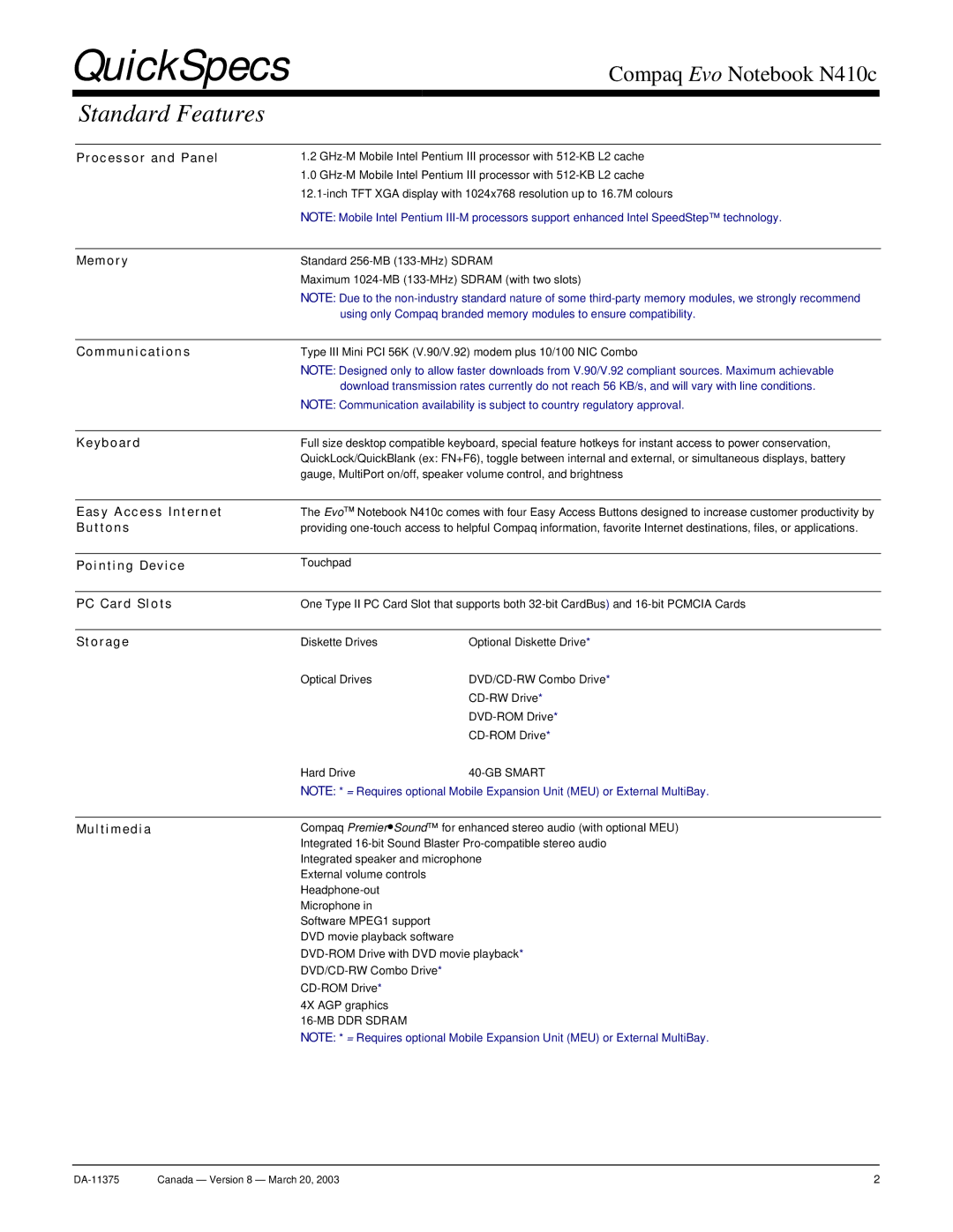 Compaq N410c warranty Standard Features 