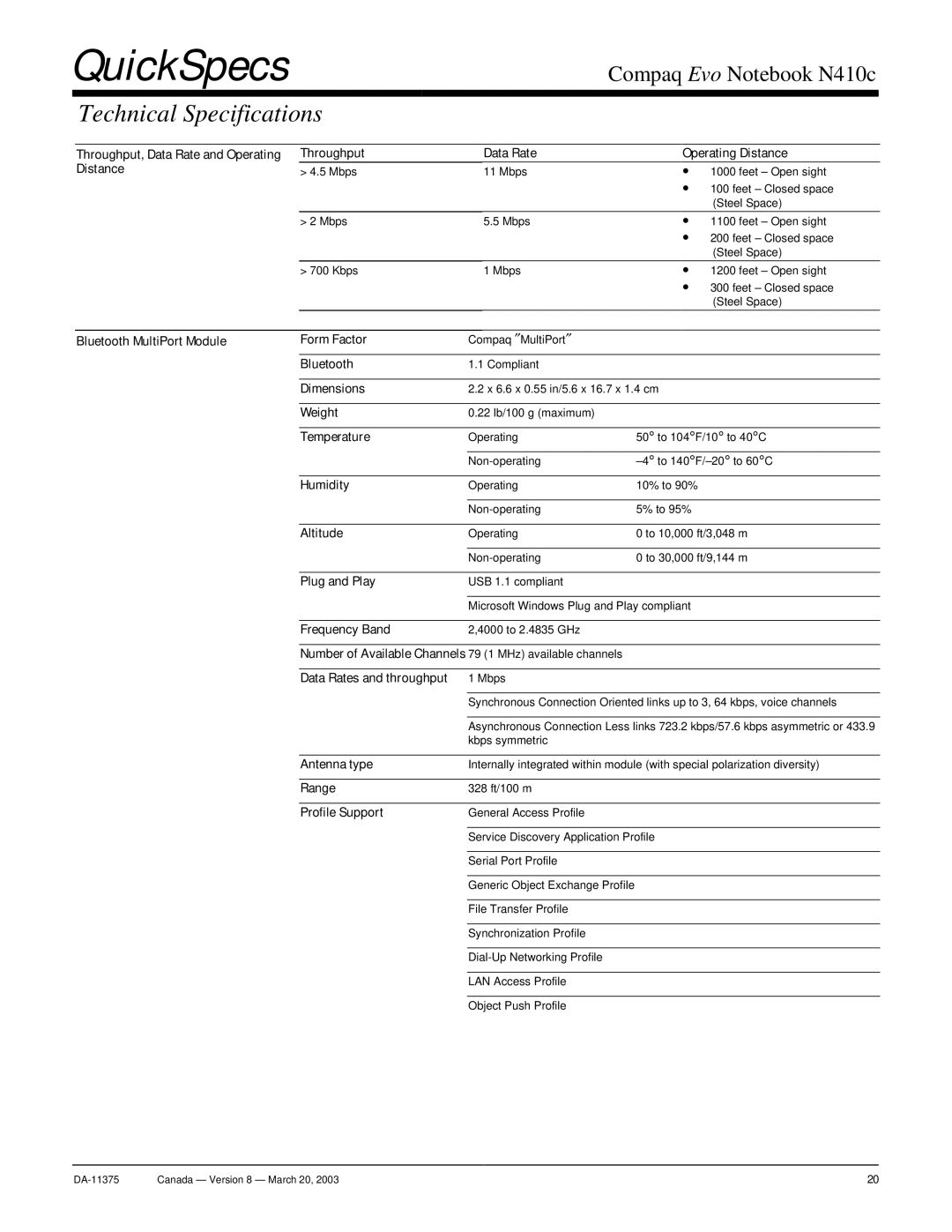 Compaq N410c Throughput, Data Rate and Operating Operating Distance, Bluetooth MultiPort Module Form Factor, Dimensions 