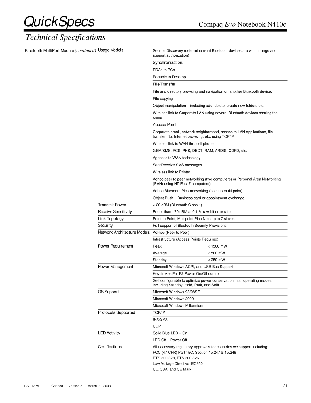 Compaq N410c Bluetooth MultiPort Module Usage Models, Synchronization, File Transfer, Access Point, Receive Sensitivity 