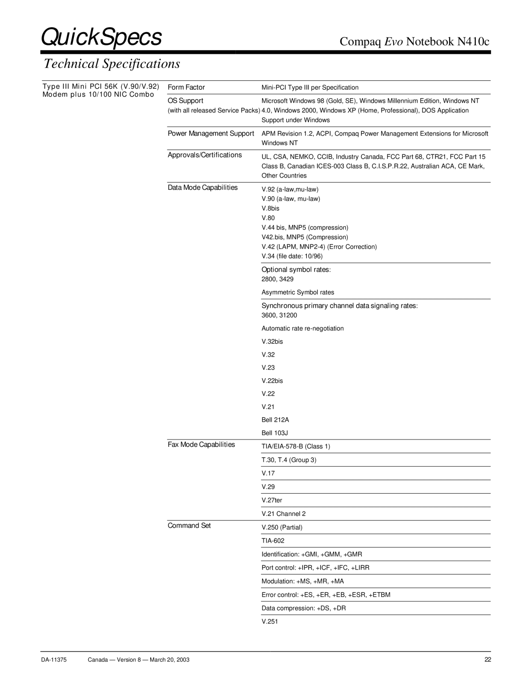 Compaq N410c warranty Power Management Support, Approvals/Certifications, Data Mode Capabilities, Optional symbol rates 