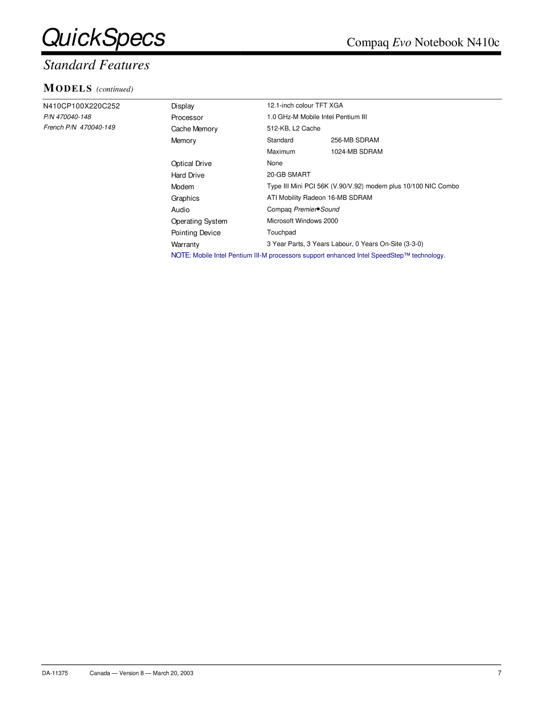 Compaq N410c warranty N410CP100X220C252 Display 