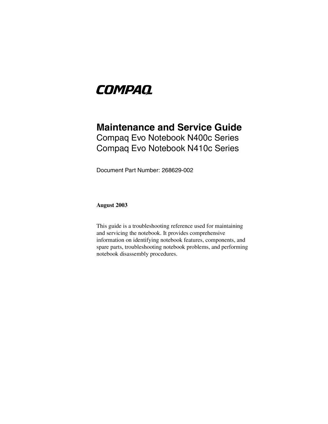 Compaq N410c manual Maintenance and Service Guide 