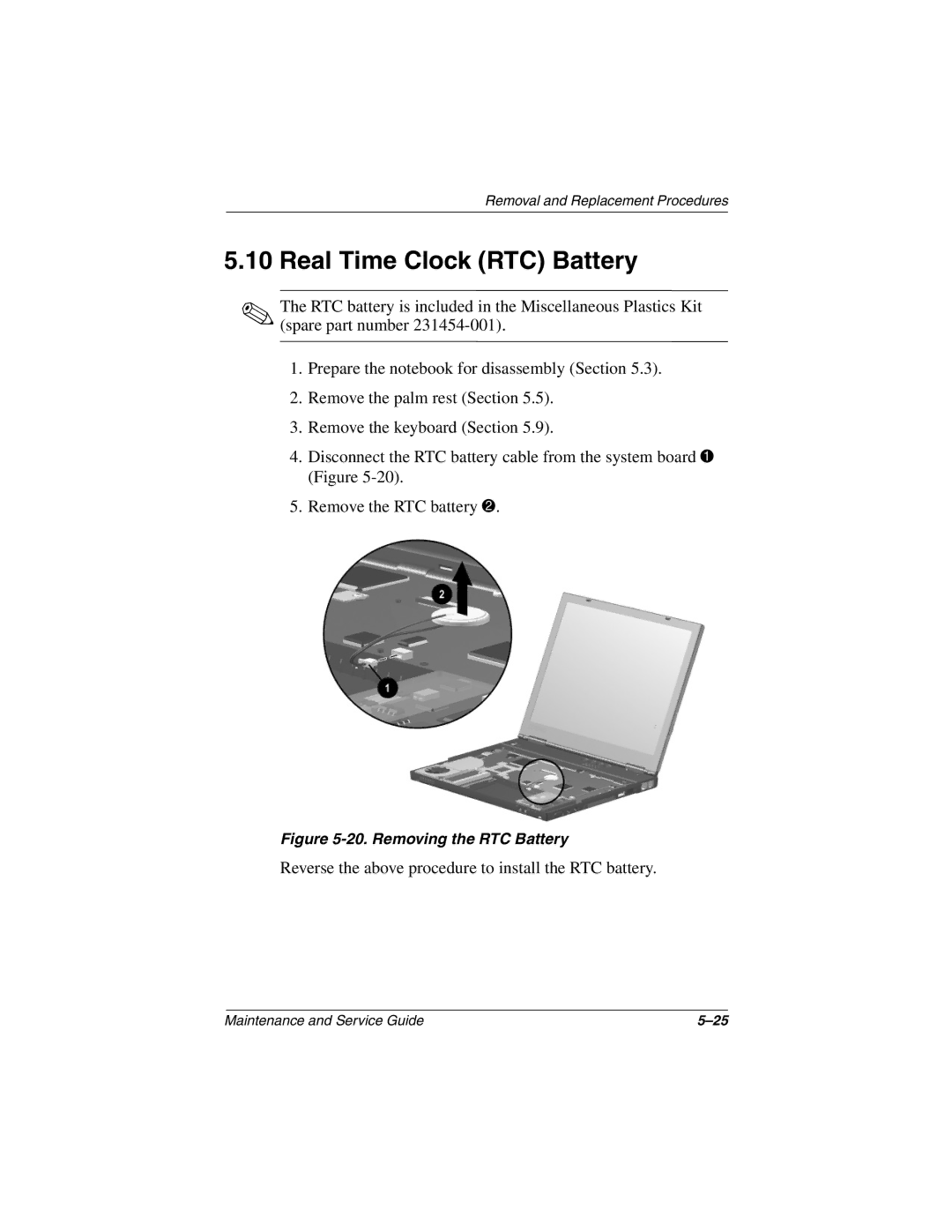 Compaq N410c manual Real Time Clock RTC Battery, Removing the RTC Battery 