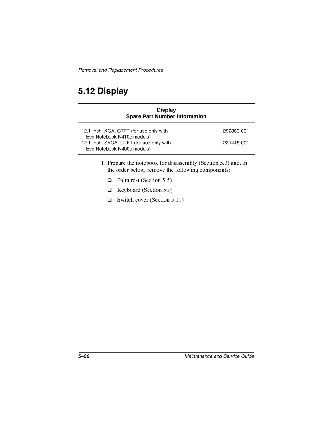 Compaq N410c manual Display Spare Part Number Information 