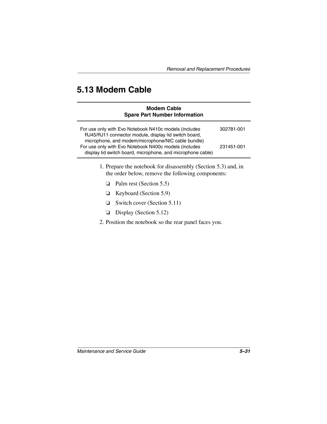 Compaq N410c manual Modem Cable Spare Part Number Information 