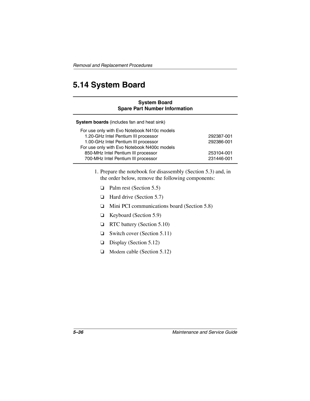 Compaq N410c manual System Board Spare Part Number Information 