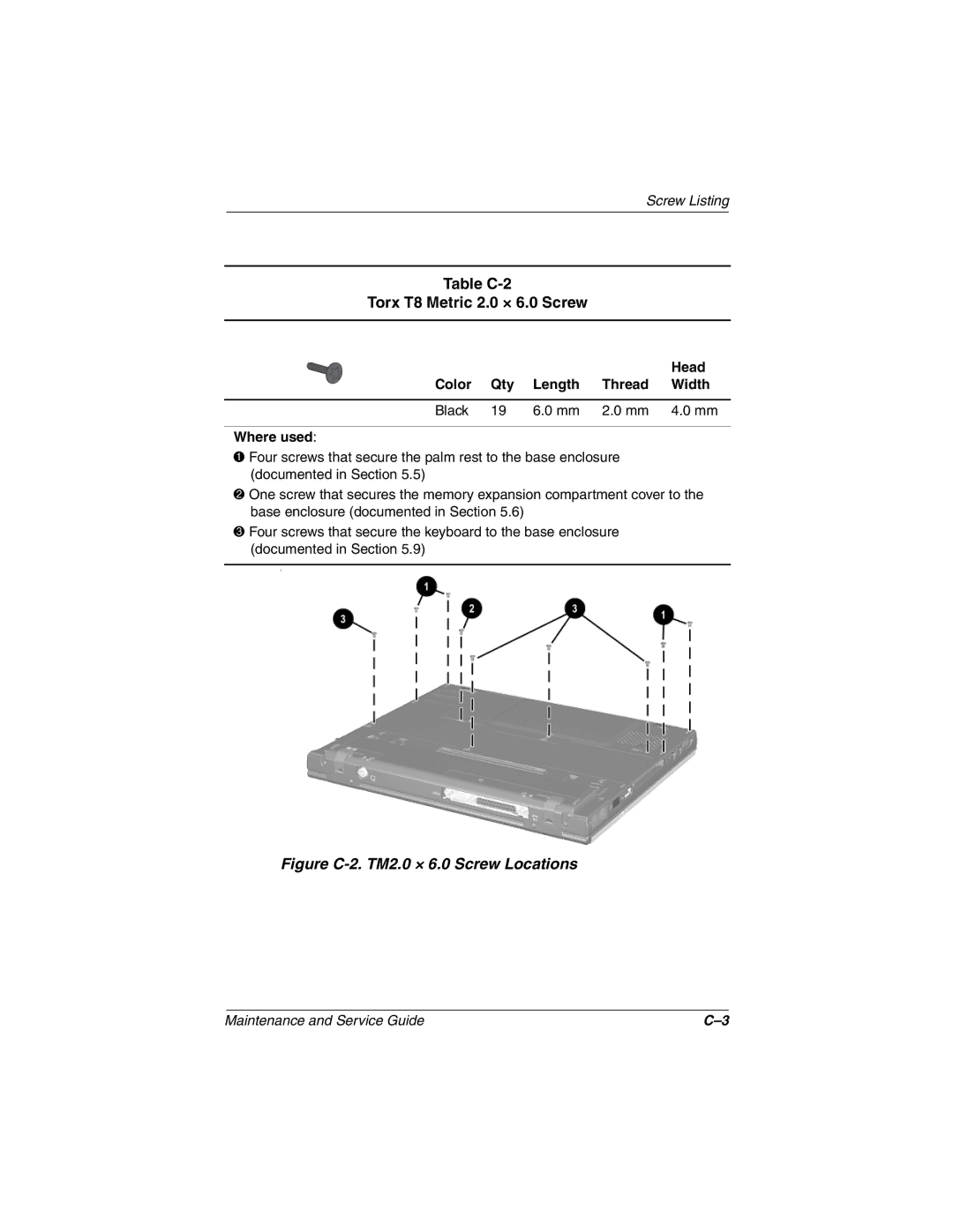 Compaq N410c manual Table C-2 Torx T8 Metric 2.0 × 6.0 Screw, Figure C-2. TM2.0 × 6.0 Screw Locations 