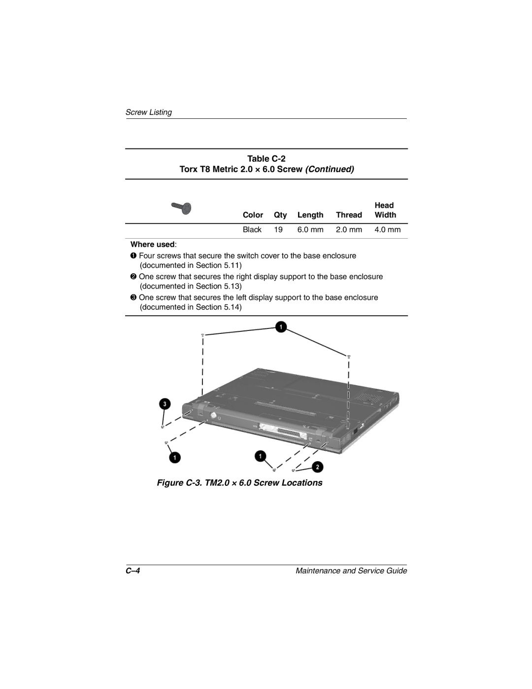 Compaq N410c manual Figure C-3. TM2.0 × 6.0 Screw Locations 