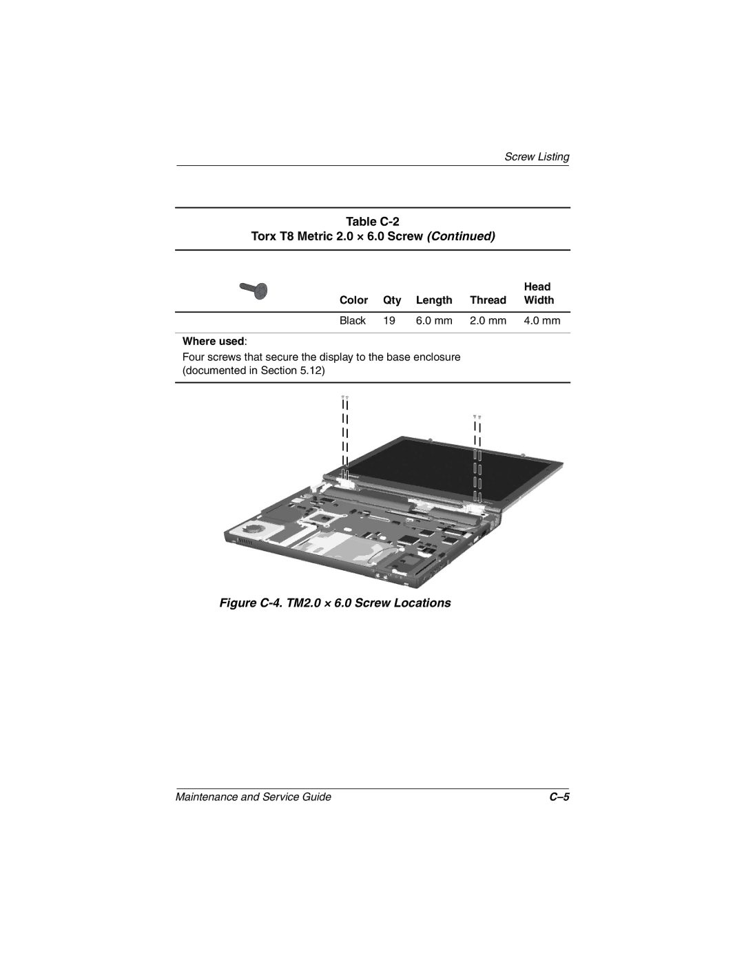 Compaq N410c manual Figure C-4. TM2.0 × 6.0 Screw Locations 