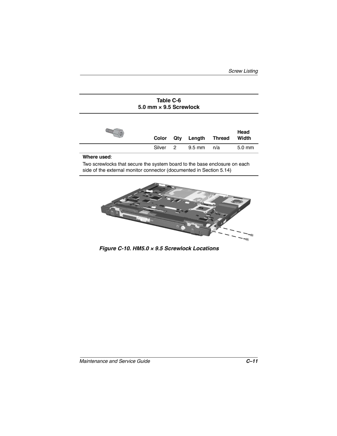 Compaq N410c manual Table C-6 Mm × 9.5 Screwlock, Figure C-10. HM5.0 × 9.5 Screwlock Locations 