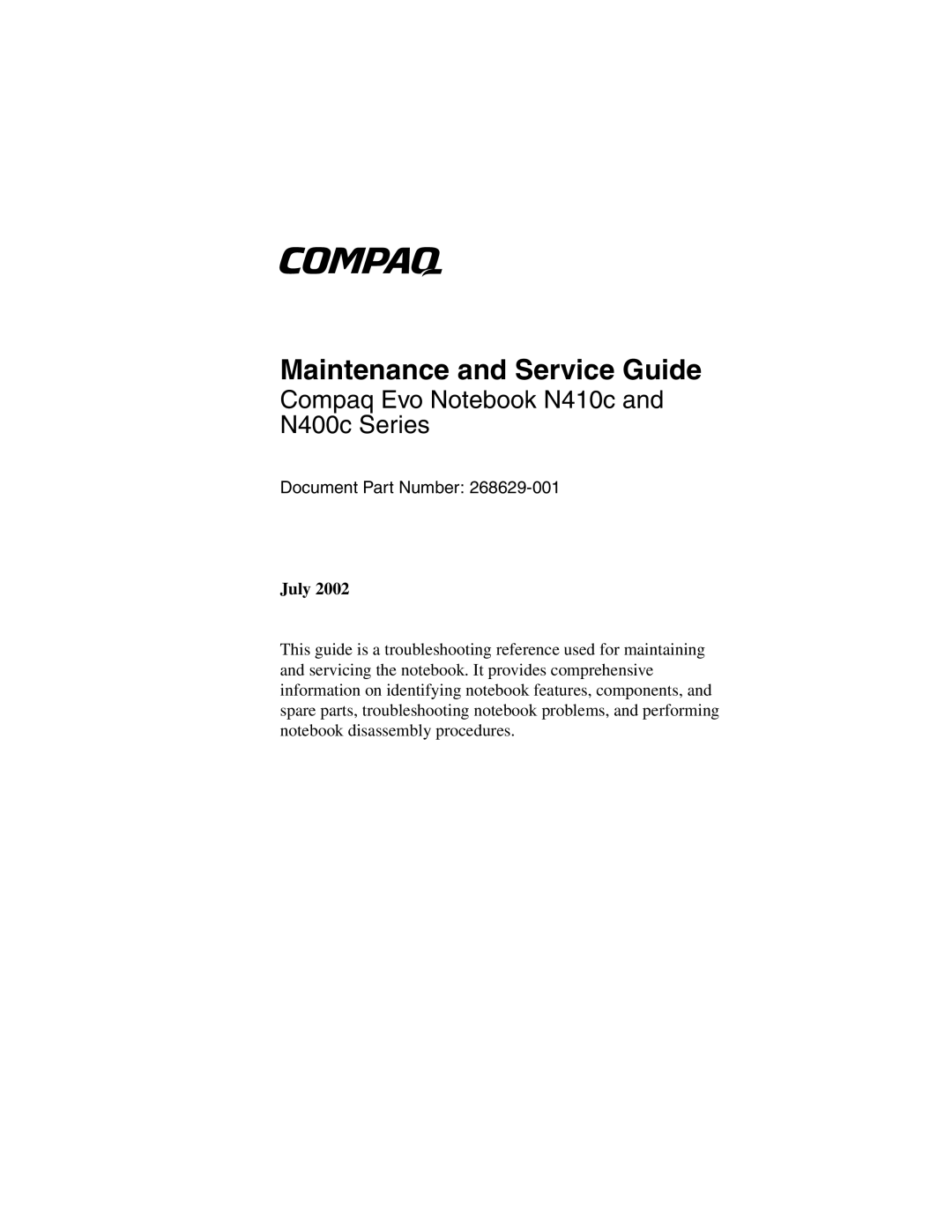 Compaq N410c manual Maintenance and Service Guide 