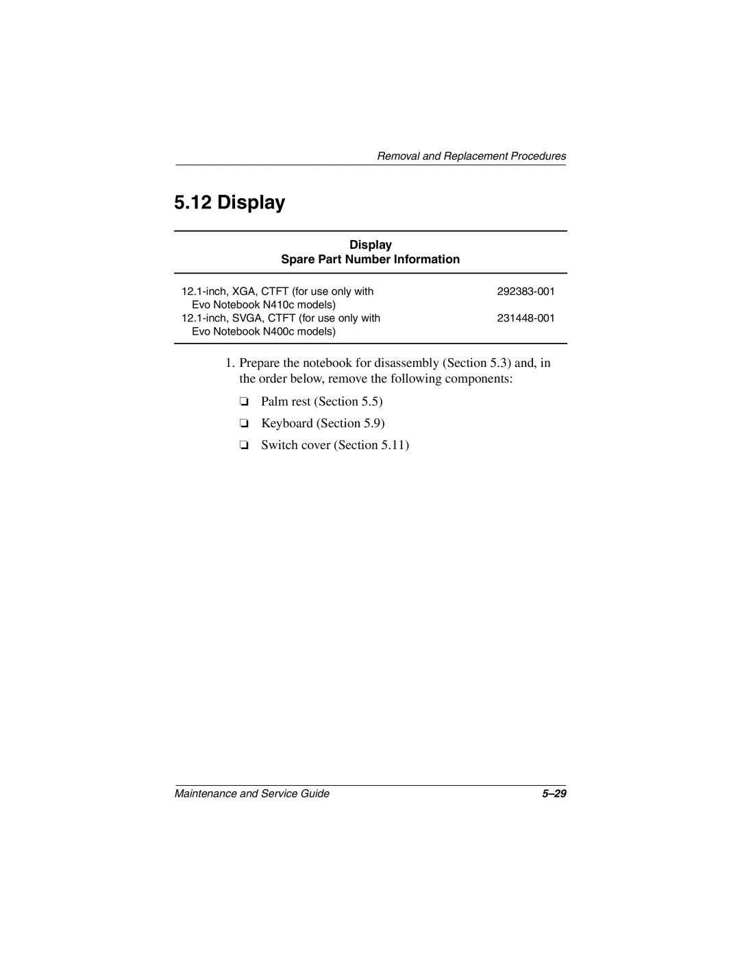 Compaq N410c manual Display Spare Part Number Information 