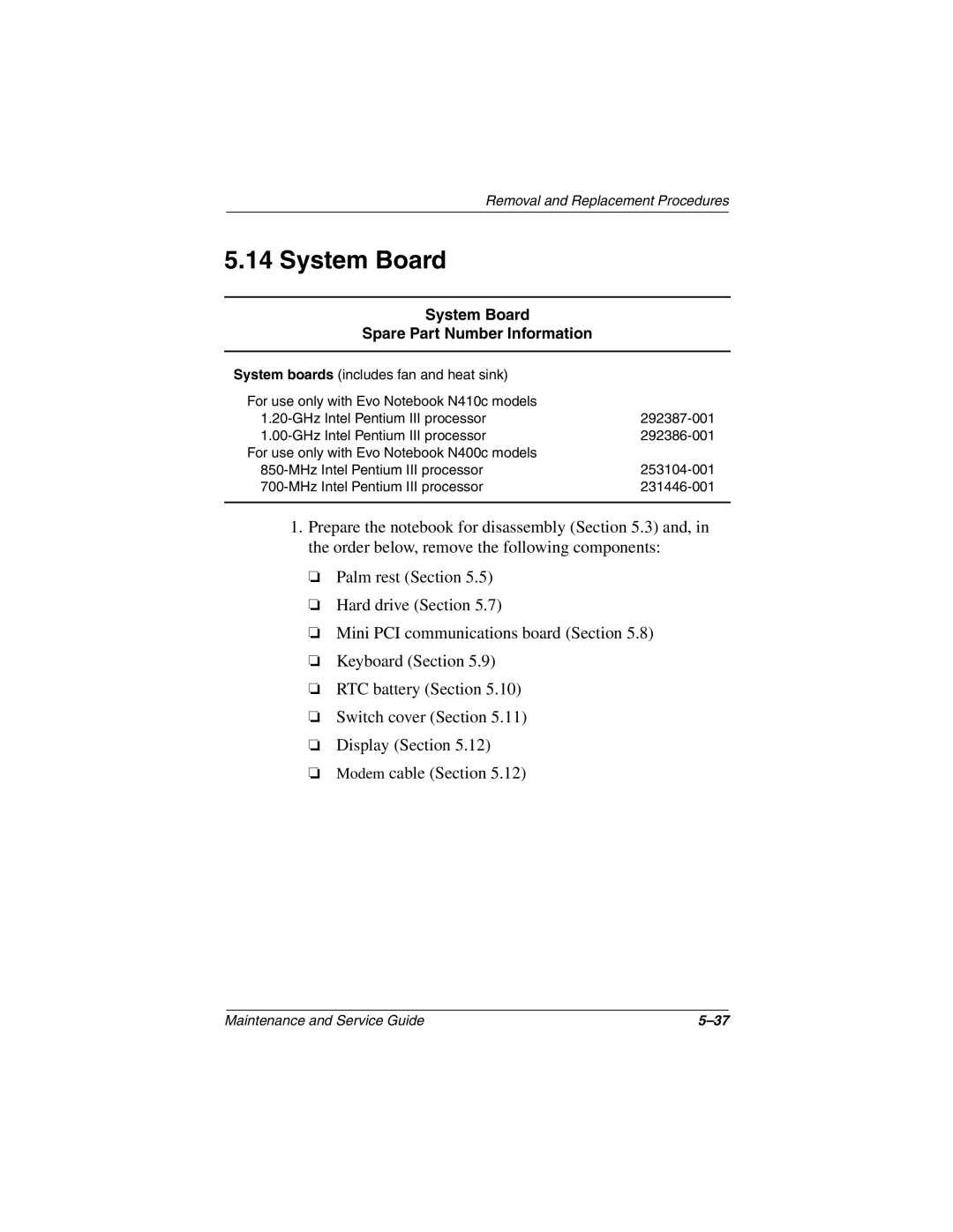 Compaq N410c manual System Board Spare Part Number Information 