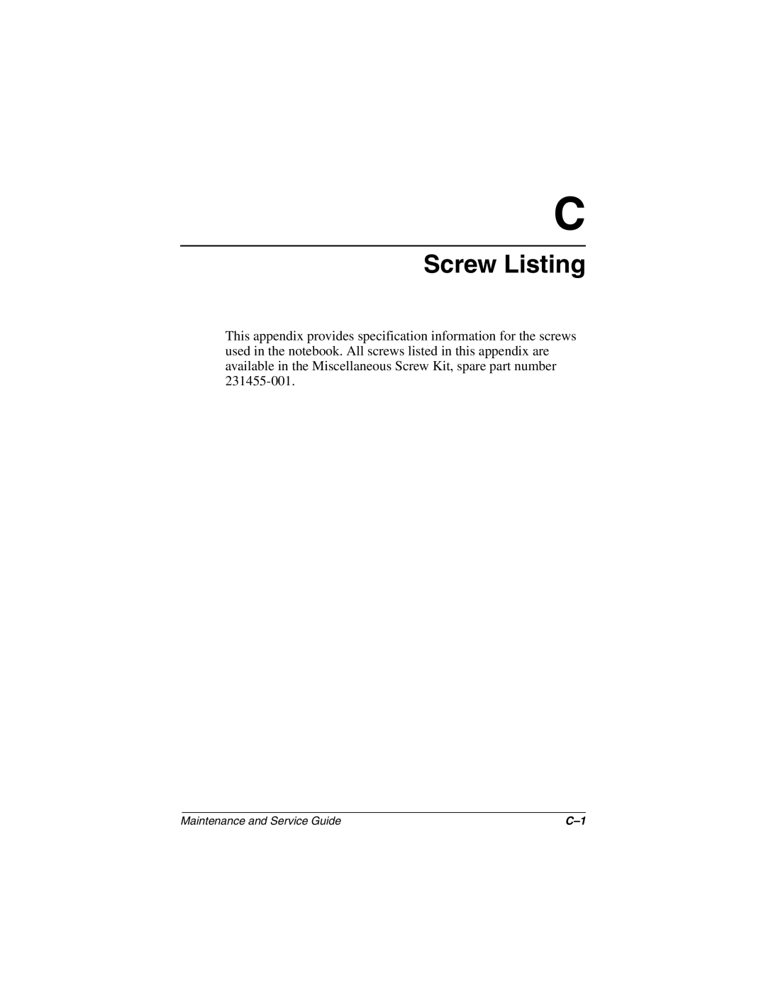 Compaq N410c manual Screw Listing 