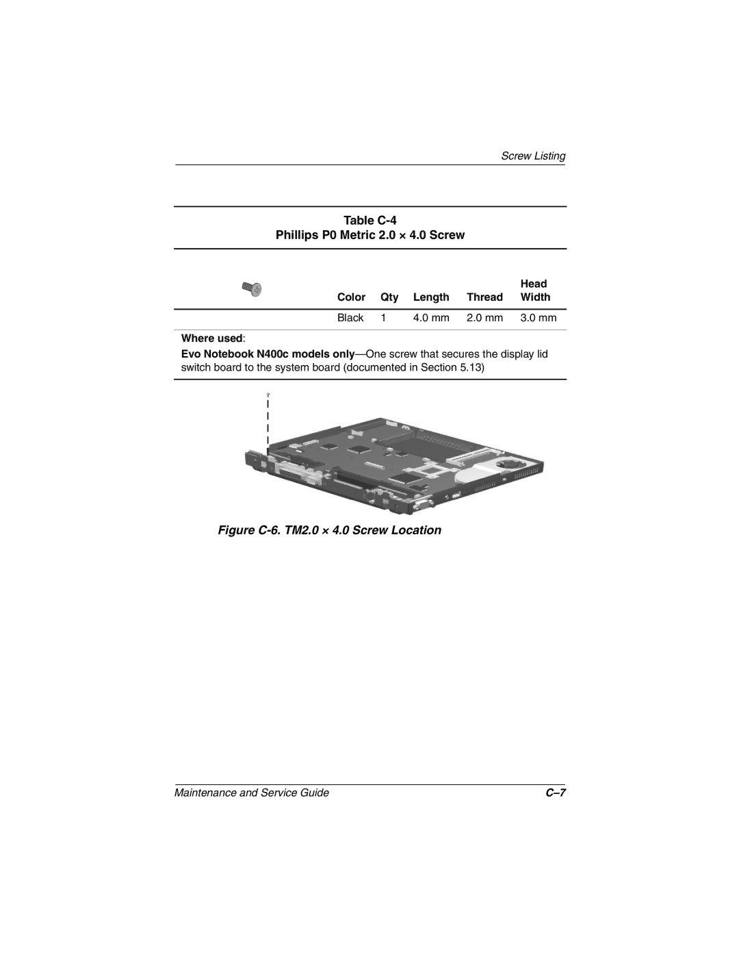 Compaq N410c manual Table C-4 Phillips P0 Metric 2.0 × 4.0 Screw, Figure C-6. TM2.0 × 4.0 Screw Location 