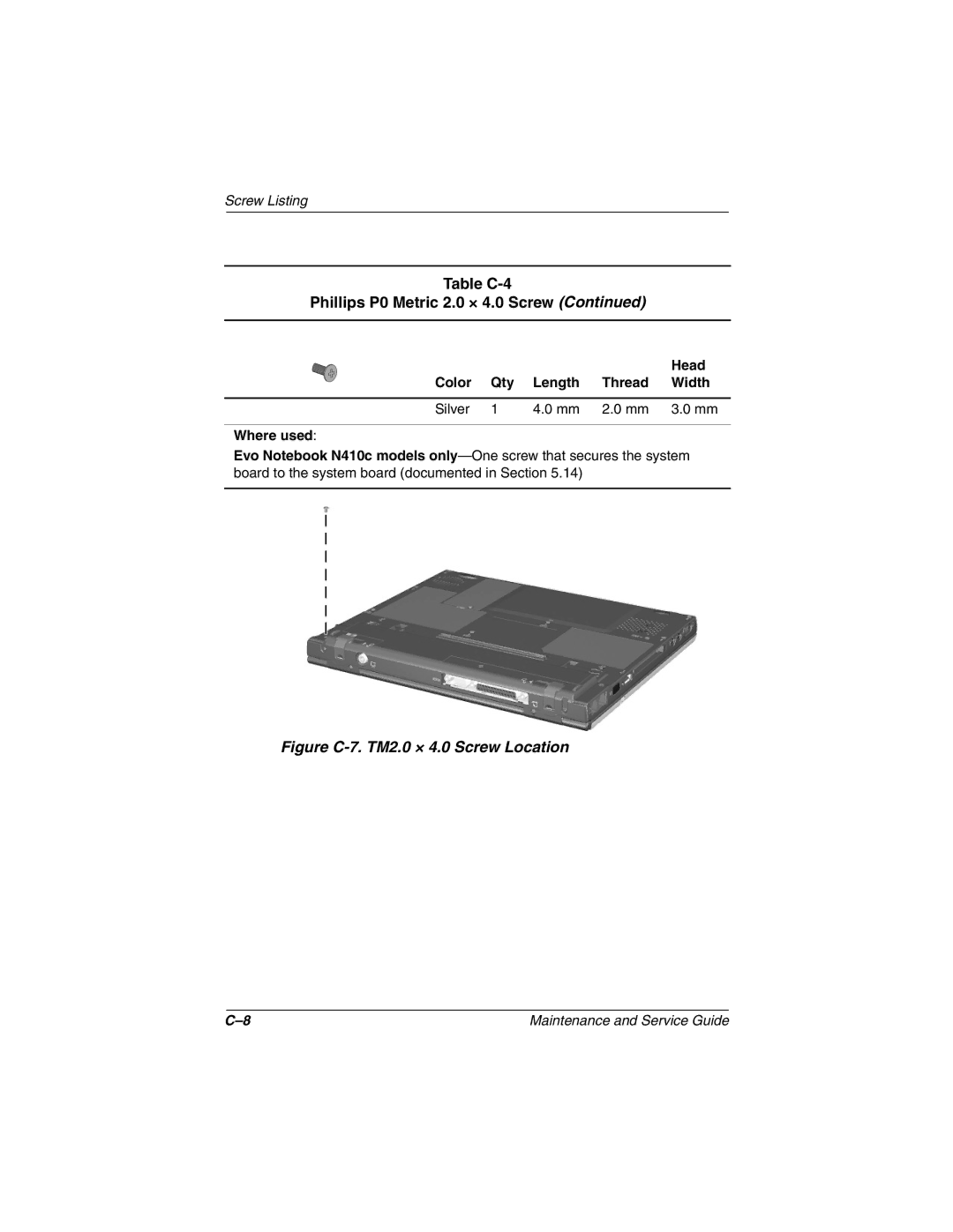 Compaq N410c manual Figure C-7. TM2.0 × 4.0 Screw Location 