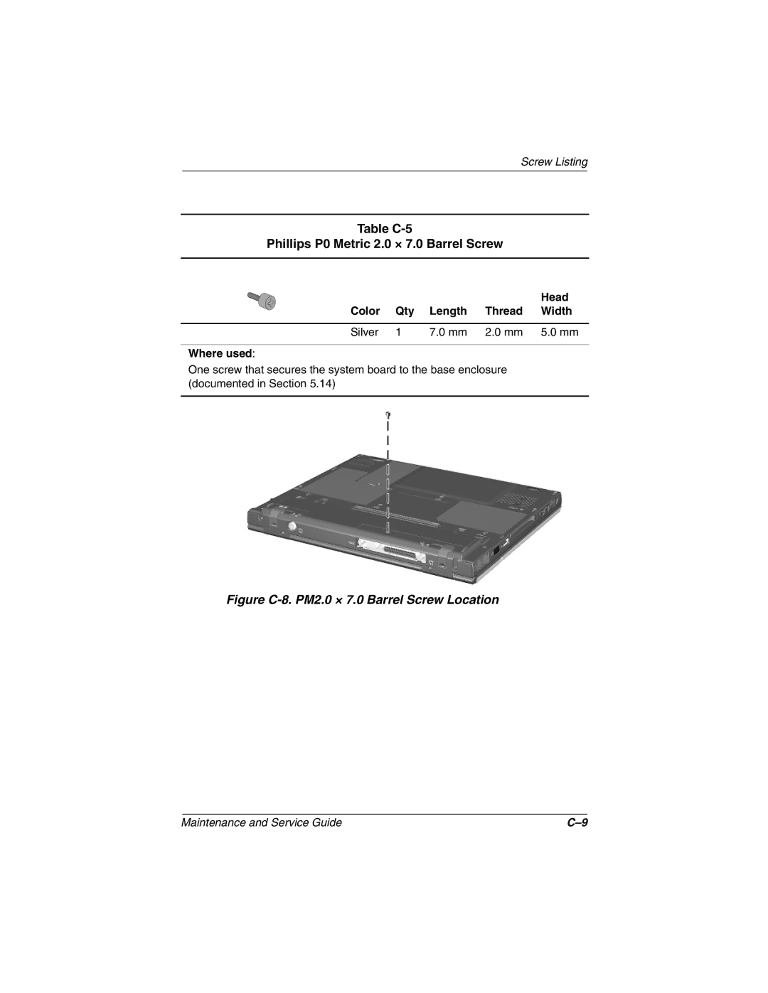 Compaq N410c manual Table C-5 Phillips P0 Metric 2.0 × 7.0 Barrel Screw, Figure C-8. PM2.0 × 7.0 Barrel Screw Location 