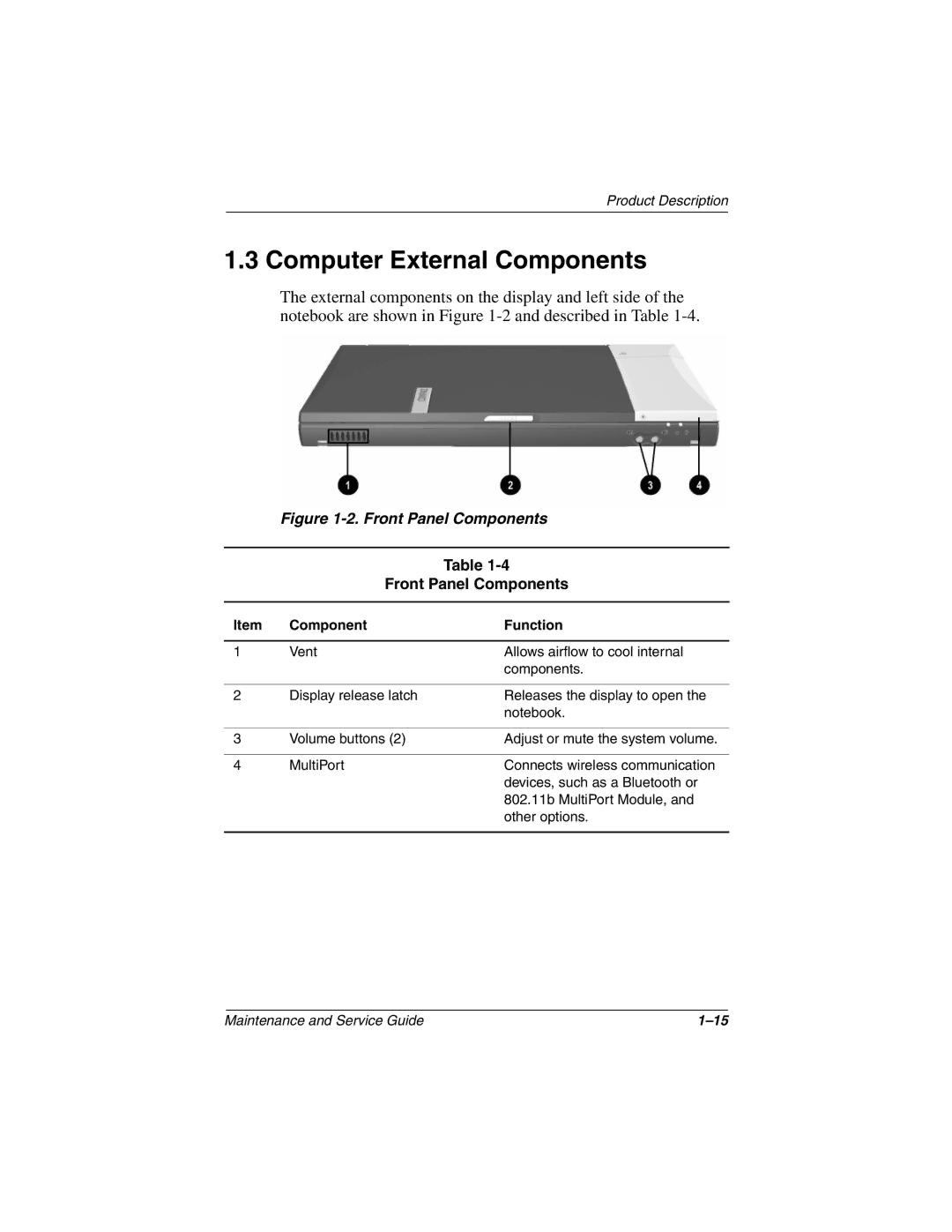 Compaq N410c manual Computer External Components, Front Panel Components, Component Function 