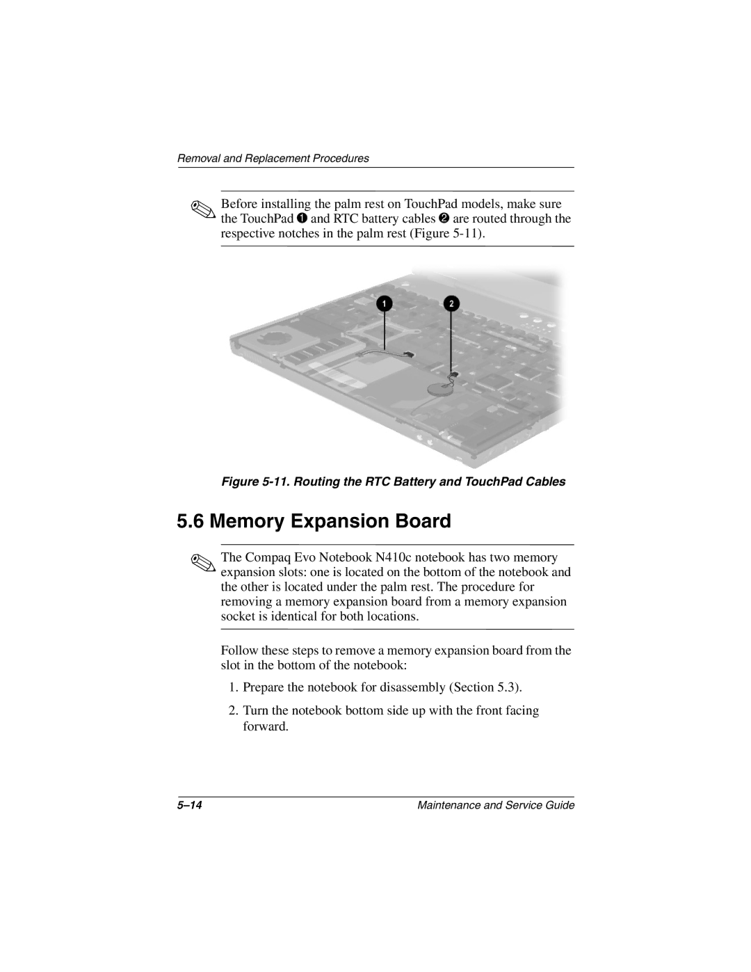 Compaq N410c manual Memory Expansion Board, Routing the RTC Battery and TouchPad Cables 