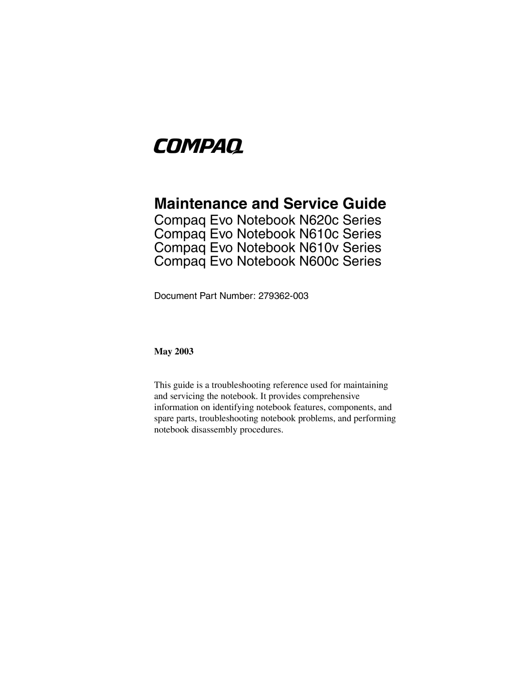 Compaq N620C, N600c, N610V manual Maintenance and Service Guide 