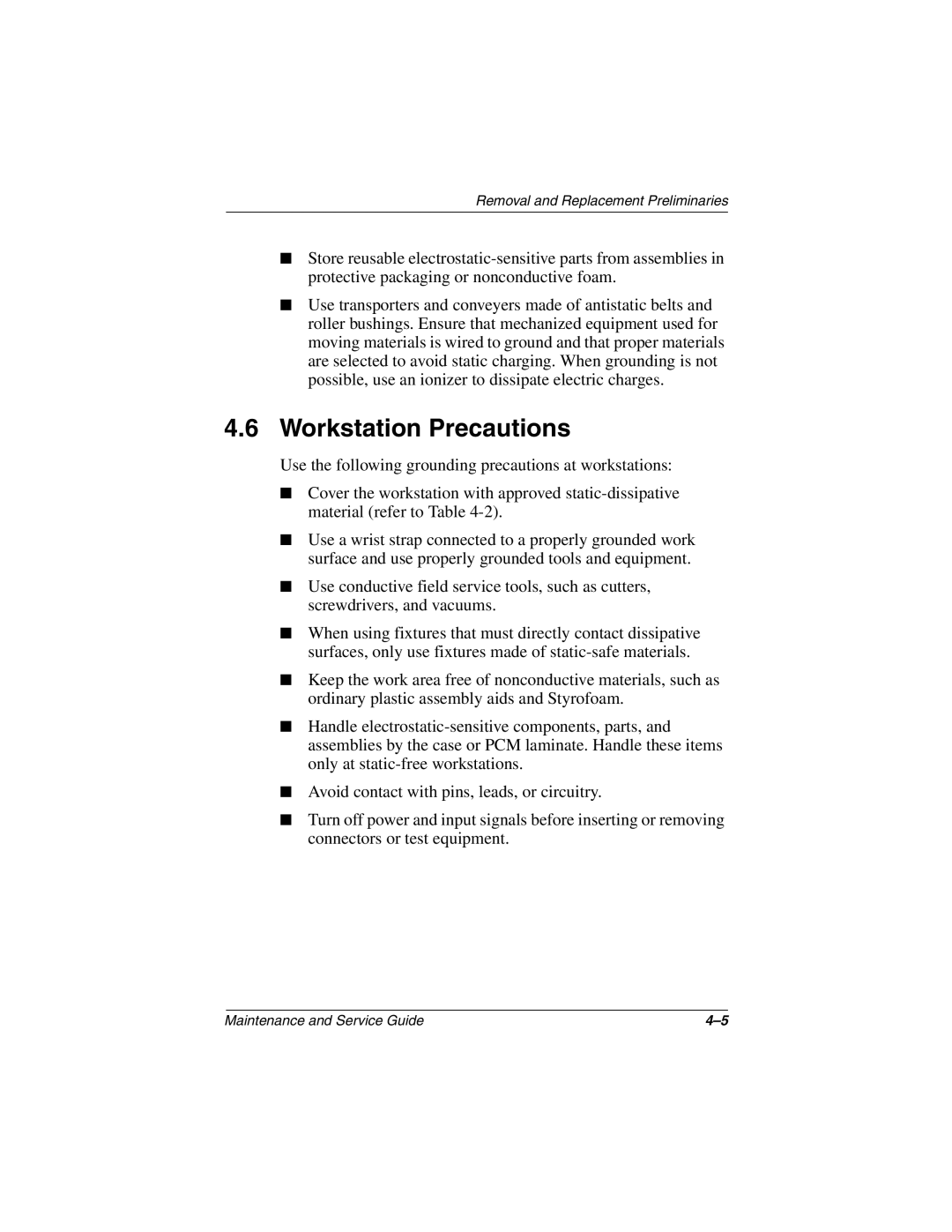 Compaq N600c, N620C, N610V manual Workstation Precautions 