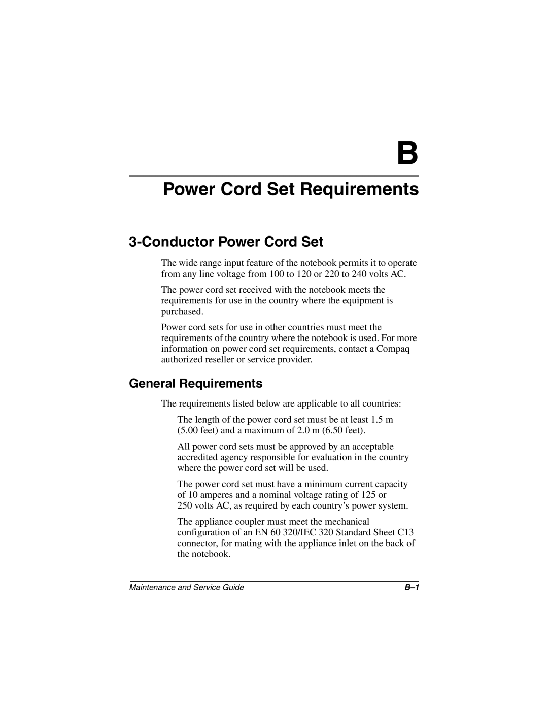 Compaq N620C, N600c, N610V manual Power Cord Set Requirements, Conductor Power Cord Set 