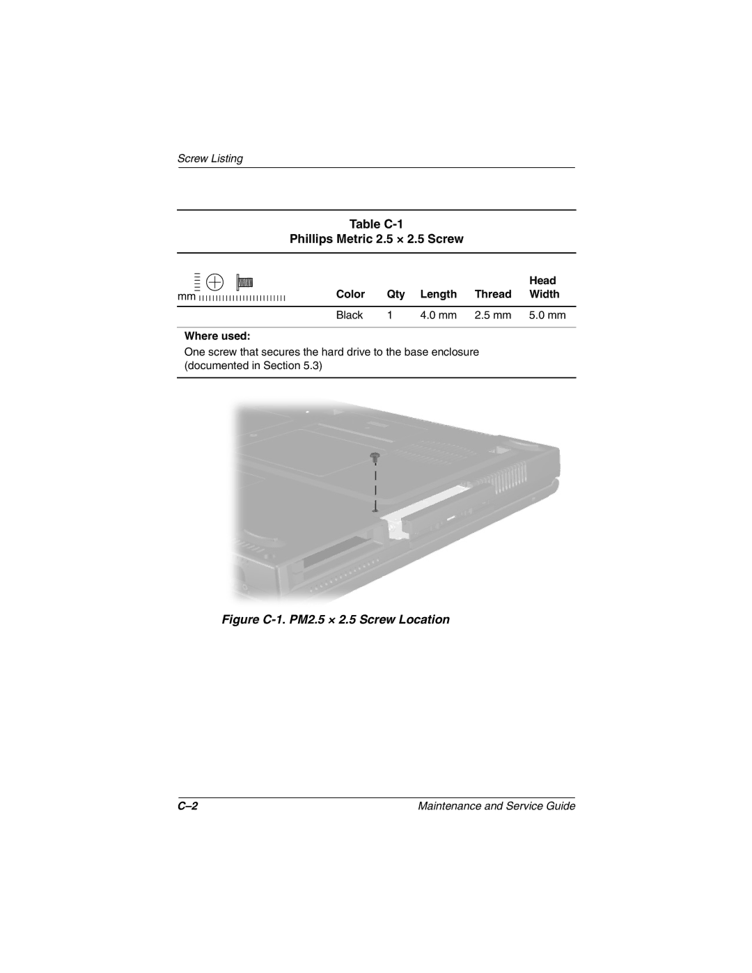 Compaq N610V, N600c, N620C Table C-1 Phillips Metric 2.5 × 2.5 Screw, Head, Color Qty Length Thread Width Black Where used 