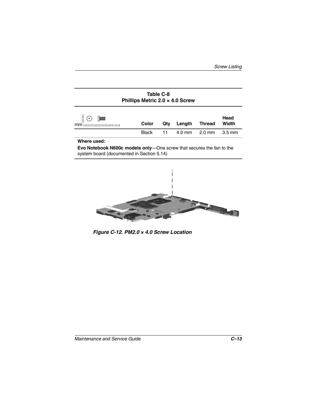 Compaq N620C, N600c, N610V manual Table C-8 Phillips Metric 2.0 × 4.0 Screw, Figure C-12. PM2.0 × 4.0 Screw Location 