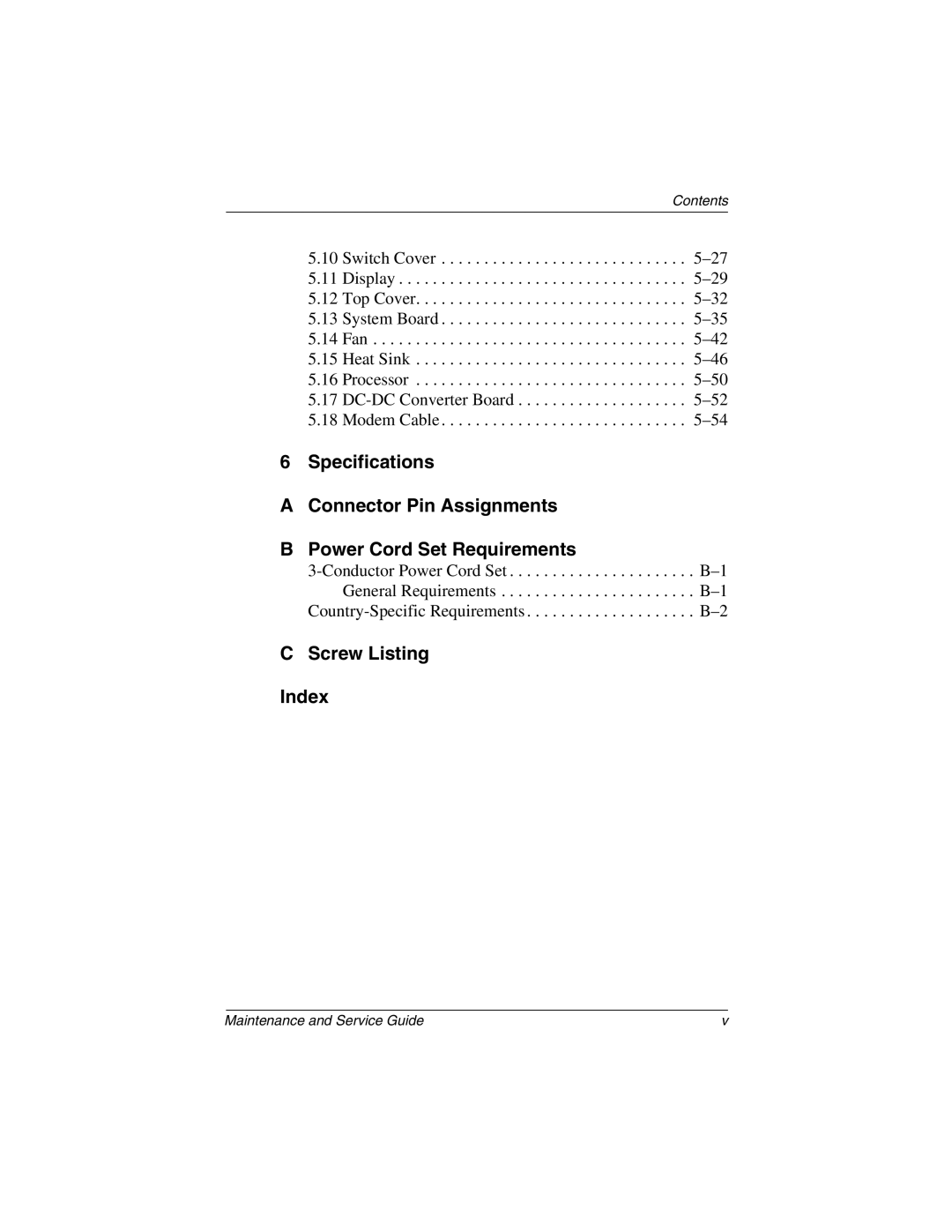 Compaq N610V, N600c, N620C manual Screw Listing Index 