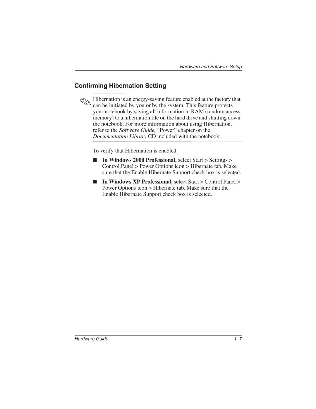 Compaq N610c Series manual Confirming Hibernation Setting 