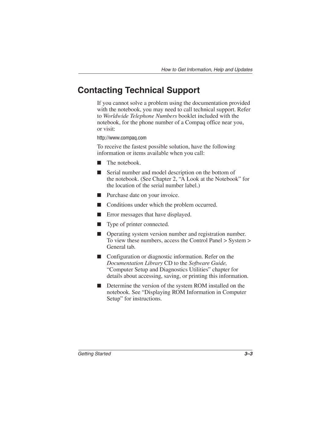 Compaq N610c Series manual Contacting Technical Support 