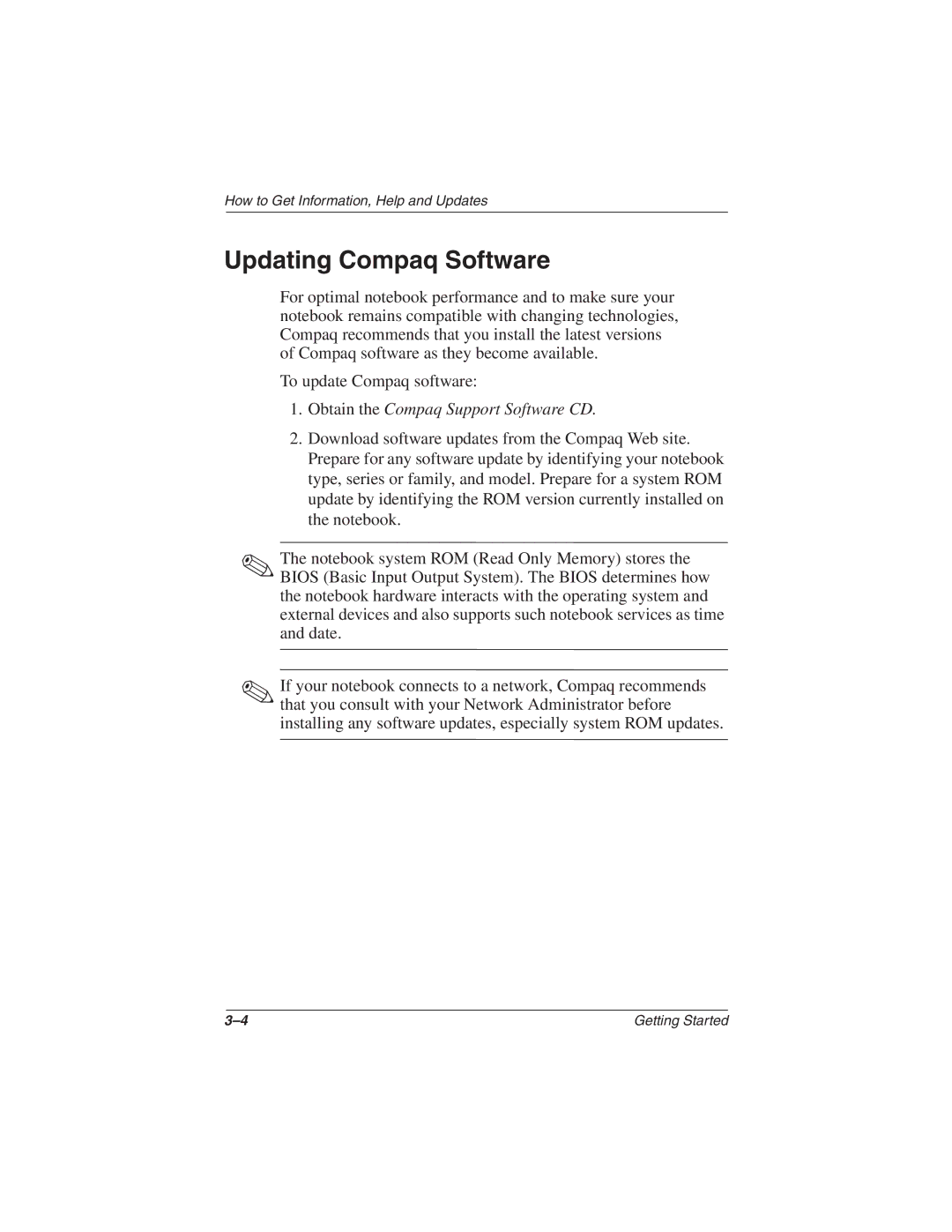 Compaq N610c Series manual Updating Compaq Software, Obtain the Compaq Support Software CD 