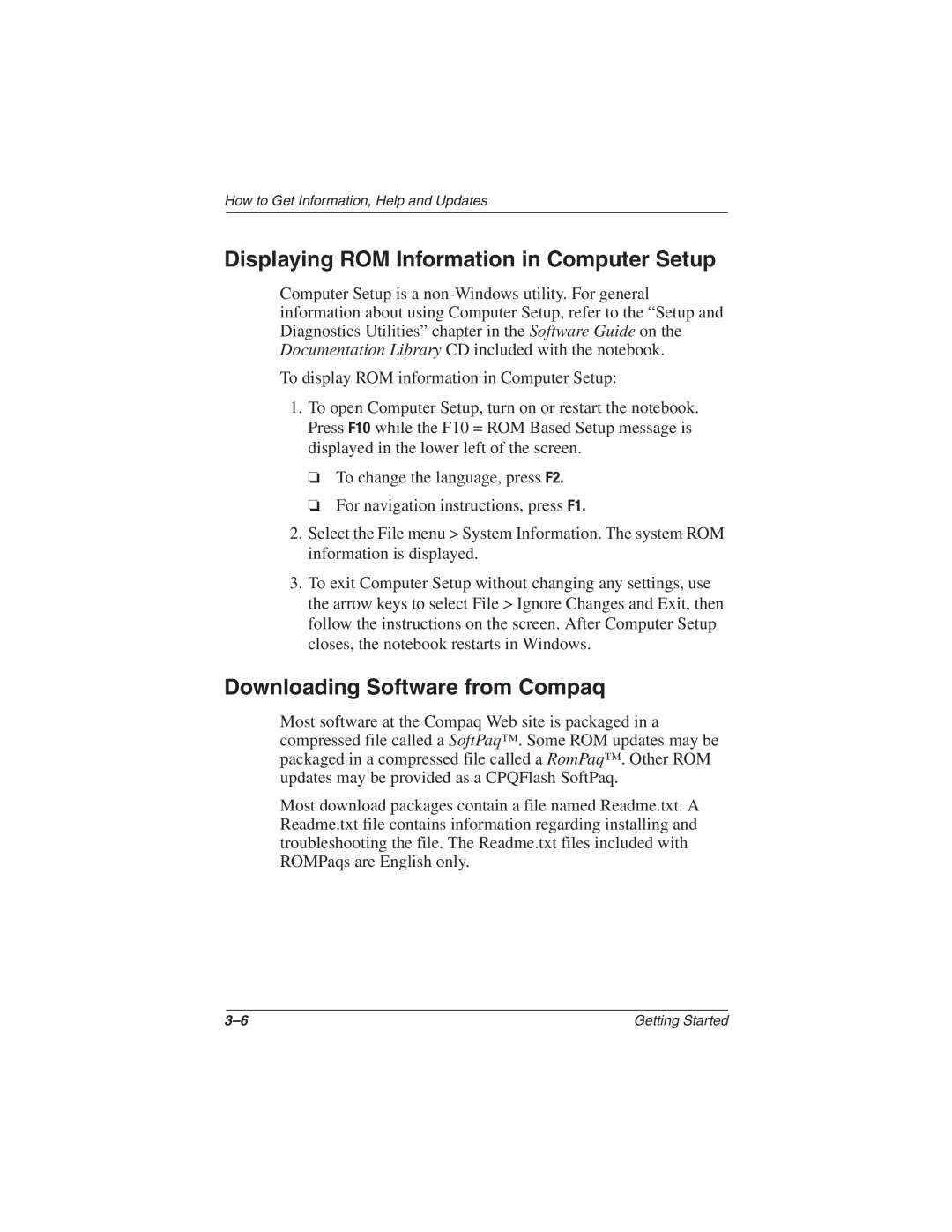 Compaq N610c Series manual Displaying ROM Information in Computer Setup, Downloading Software from Compaq 