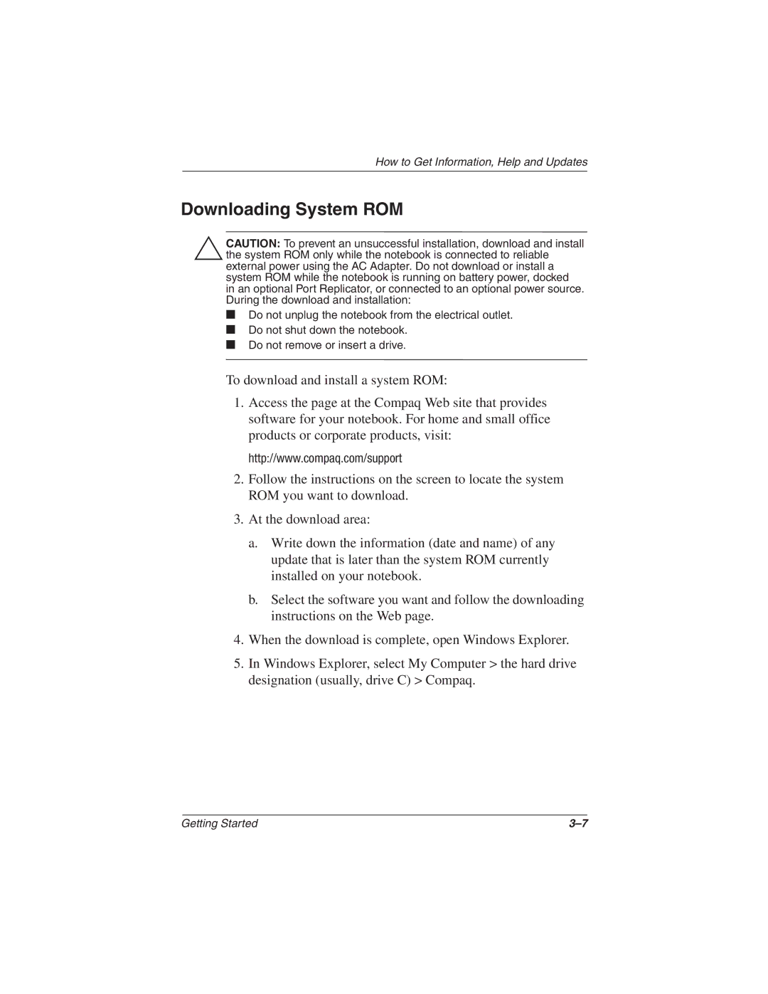 Compaq N610c Series manual Downloading System ROM 