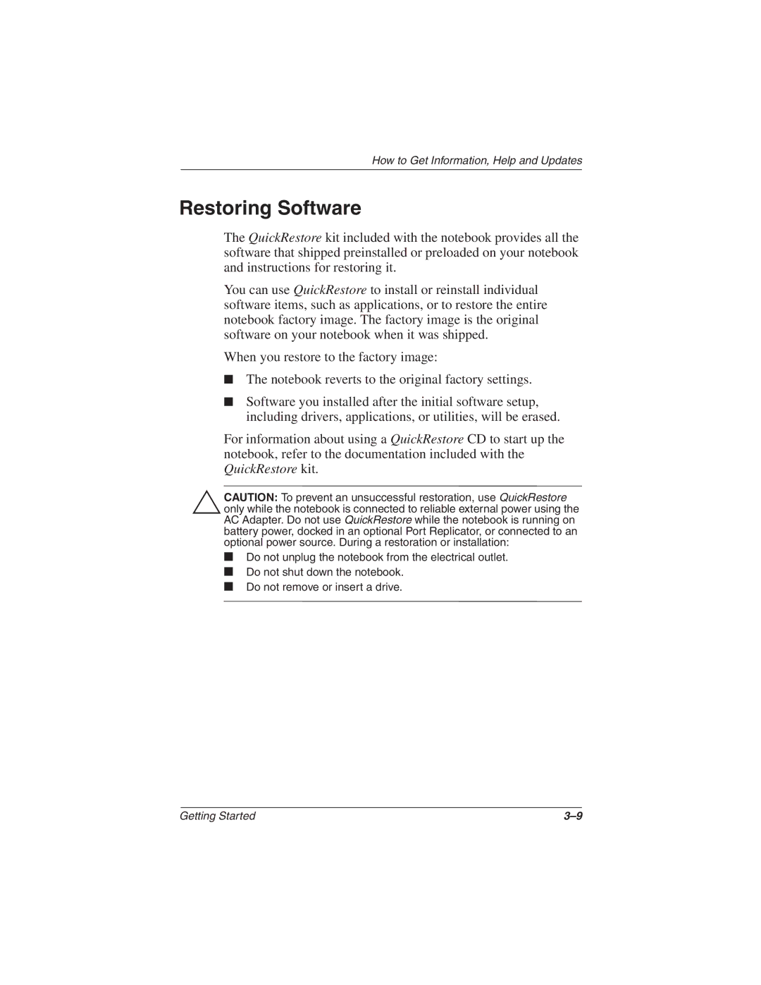 Compaq N610c Series manual Restoring Software 