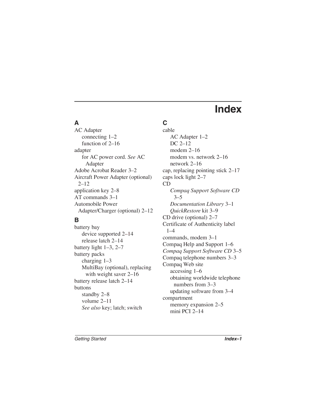 Compaq N610c Series manual Index 