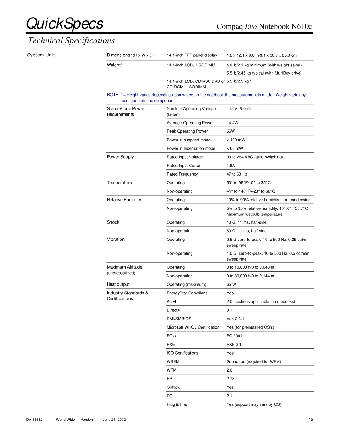 Compaq N610c warranty Technical Specifications 