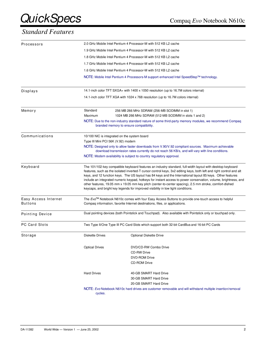 Compaq N610c warranty Standard Features 