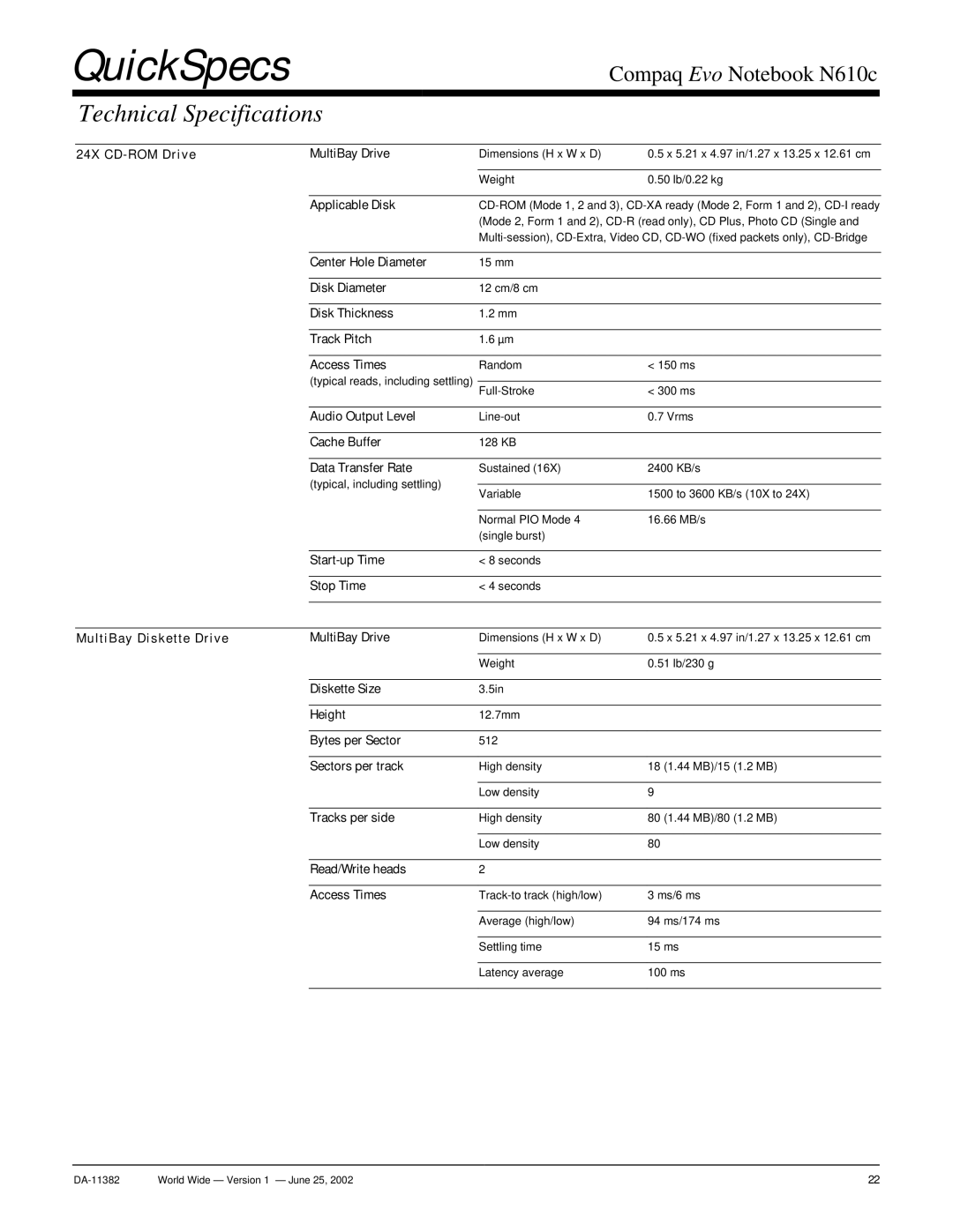 Compaq N610c 24X CD-ROM Drive MultiBay Drive, Applicable Disk, Disk Thickness Track Pitch Access Times, Diskette Size 