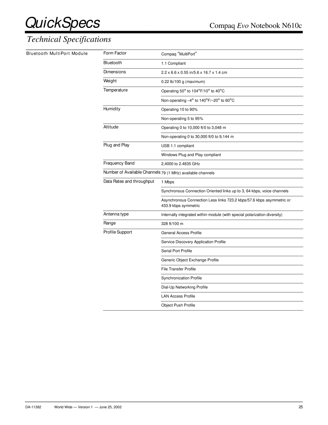 Compaq N610c warranty Bluetooth MultiPort Module Form Factor, Dimensions, Range, Profile Support 