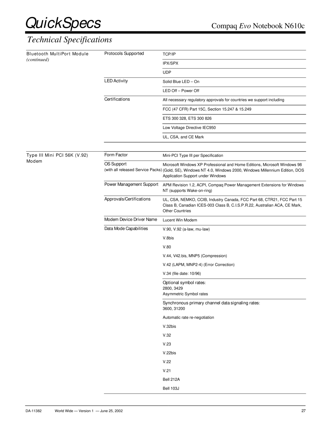 Compaq N610c warranty Power Management Support, Approvals/Certifications, Modem Device Driver Name, Data Mode Capabilities 