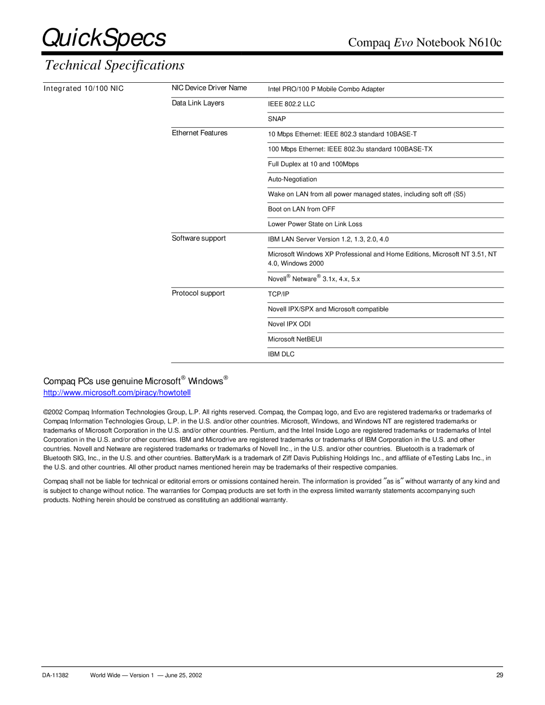 Compaq N610c warranty Integrated 10/100 NIC NIC Device Driver Name, Data Link Layers, Ethernet Features, Software support 