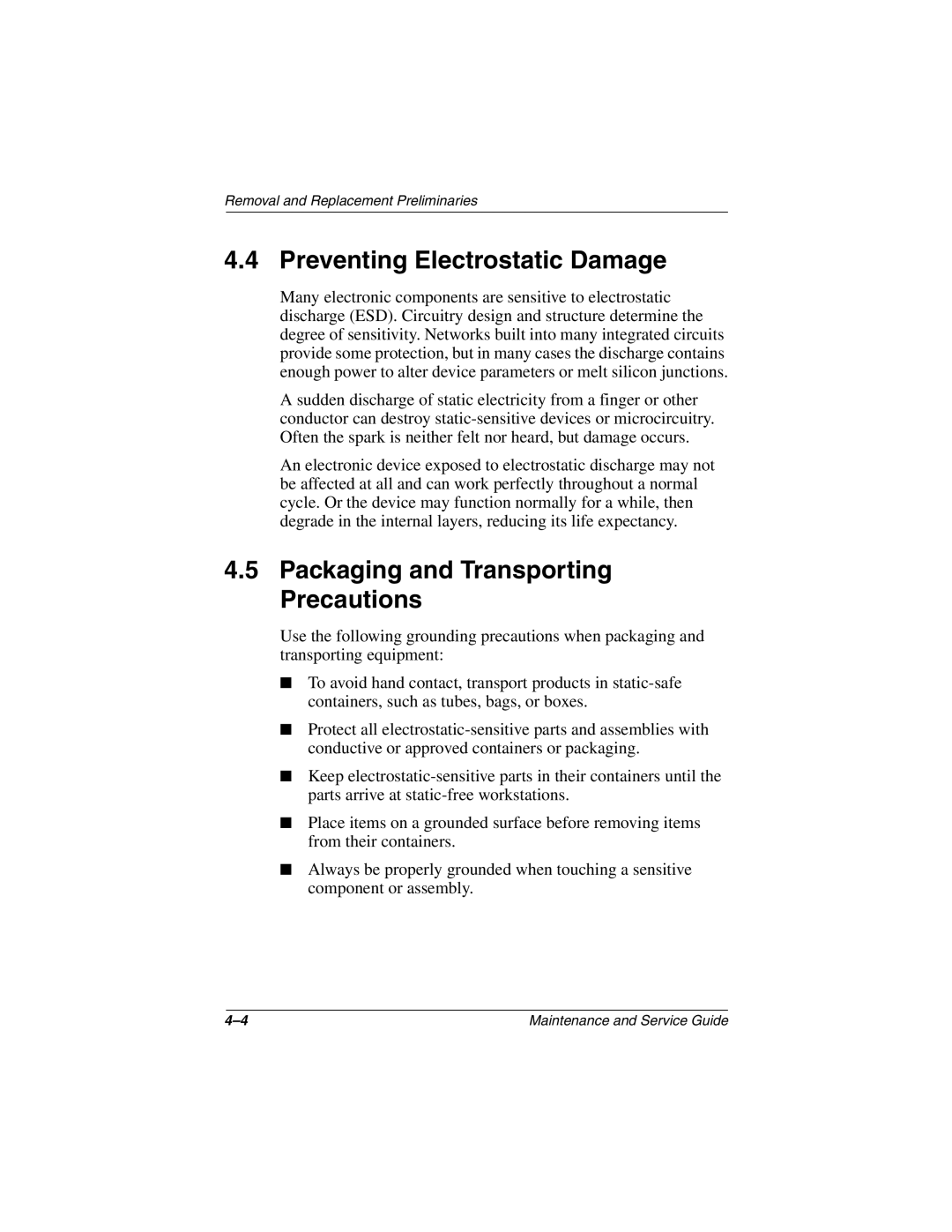 Compaq N800C manual Preventing Electrostatic Damage, Packaging and Transporting Precautions 