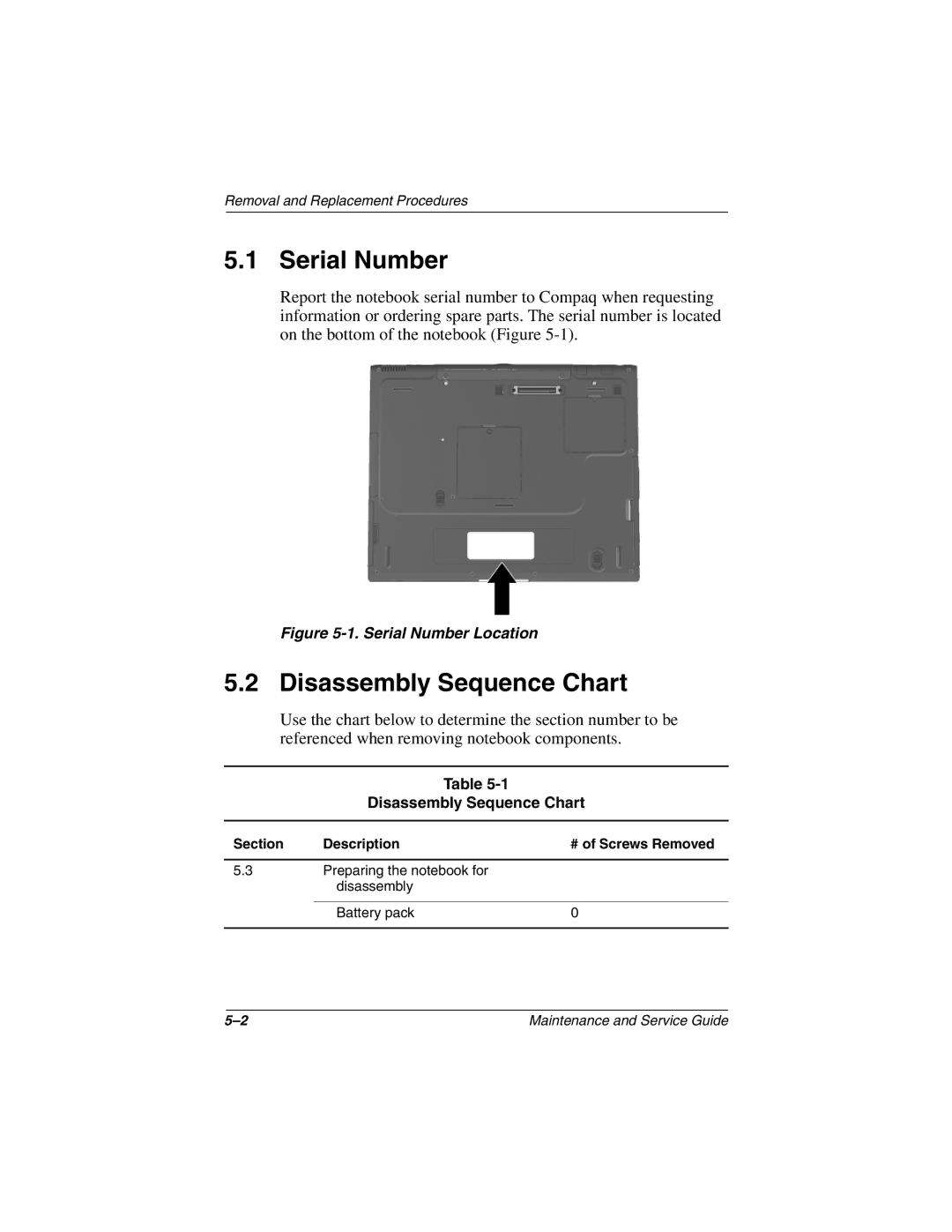 Compaq N800C manual Serial Number, Disassembly Sequence Chart, Section Description # of Screws Removed 